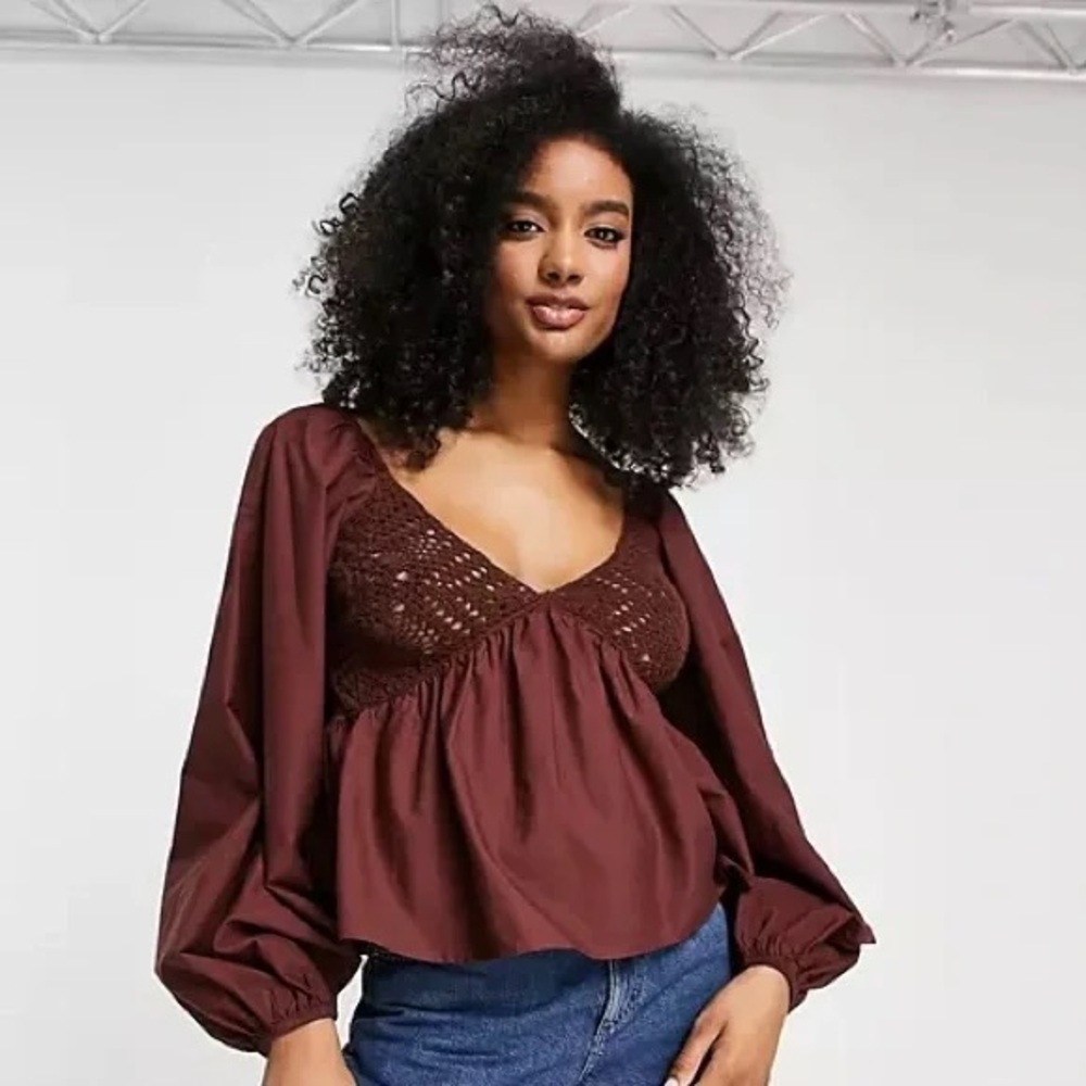 ASOS Brown Crochet Cotton Blouse Top - Picture 1 of 6